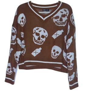 brown/white v neck schoolgirl style skull sweater